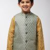 Men Sojanya KID | Kid'S Jacquard Silk Tea Blue Self Design Only Nehrujacket - Sojanya Kid Tea Green & Gold