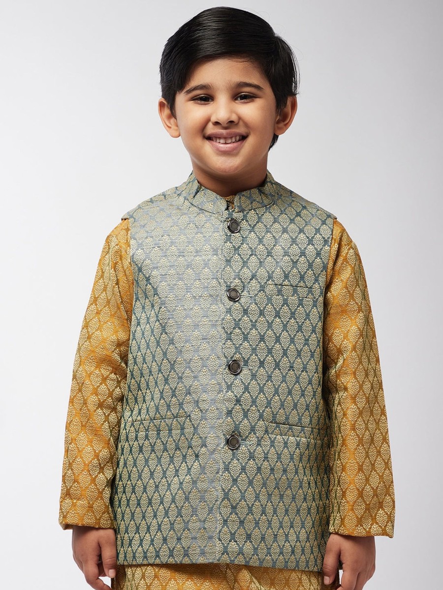 Men Sojanya KID | Kid'S Jacquard Silk Tea Blue Self Design Only Nehrujacket - Sojanya Kid Tea Green & Gold