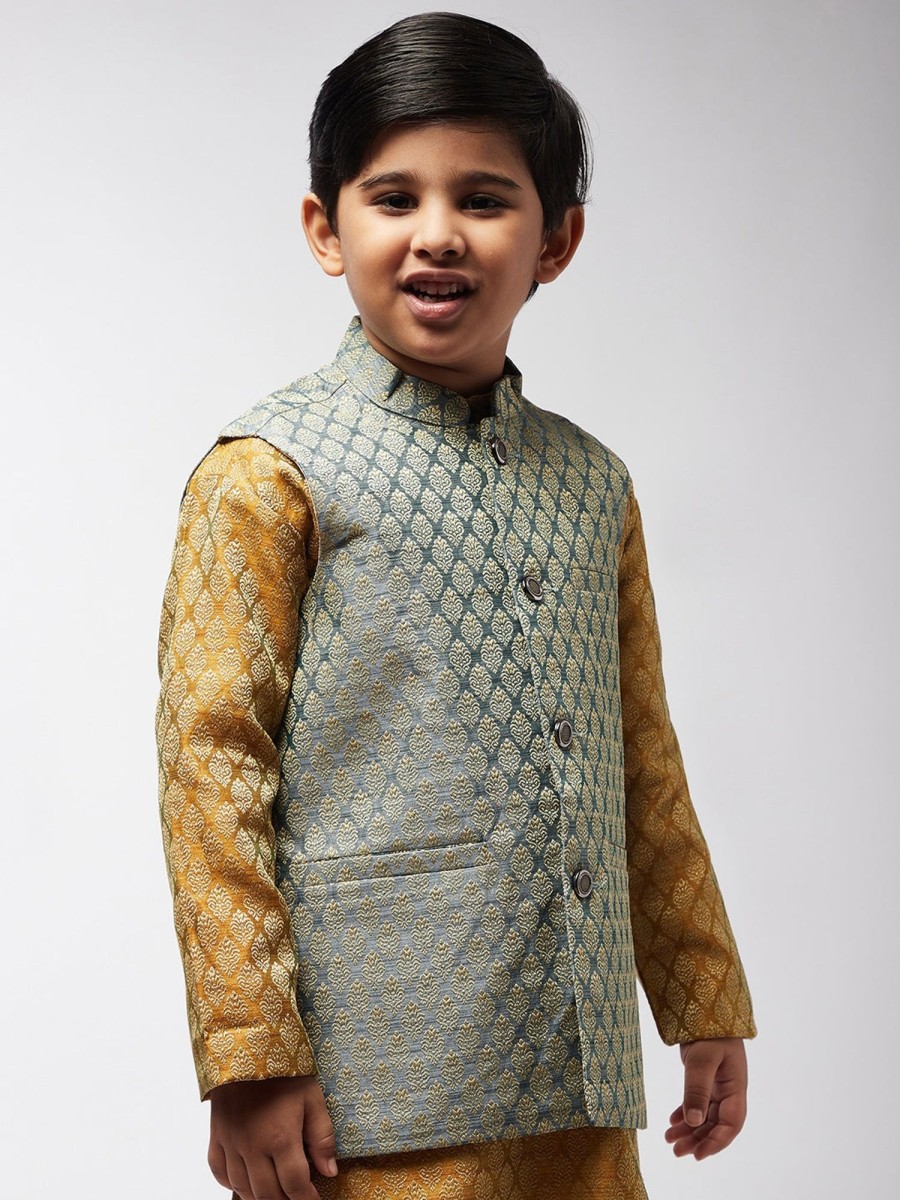 Men Sojanya KID | Kid'S Jacquard Silk Tea Blue Self Design Only Nehrujacket - Sojanya Kid Tea Green & Gold