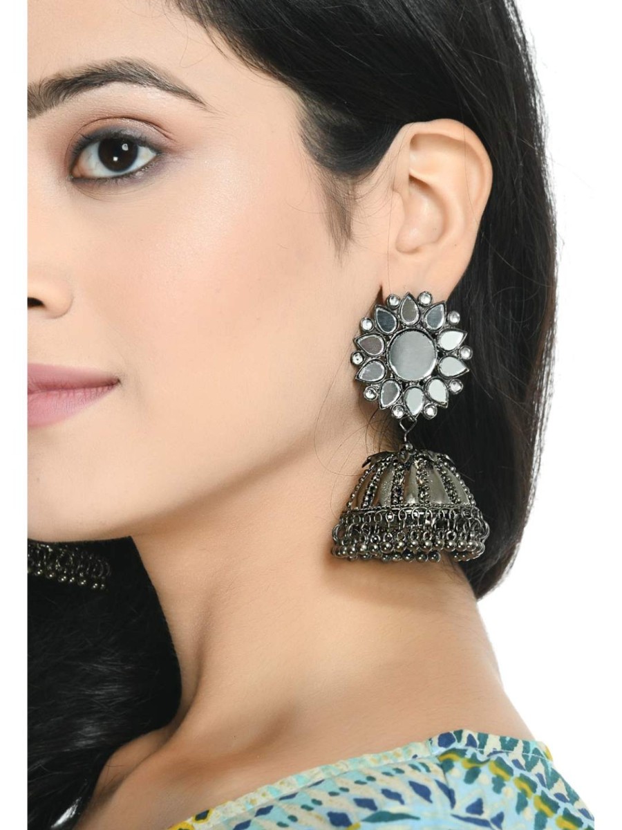 Jewellery Kamal Johar | Johar Kamal Oxidised Silver-Plated With Mirror Earrings Jhumkas Jker_081 Silver Color