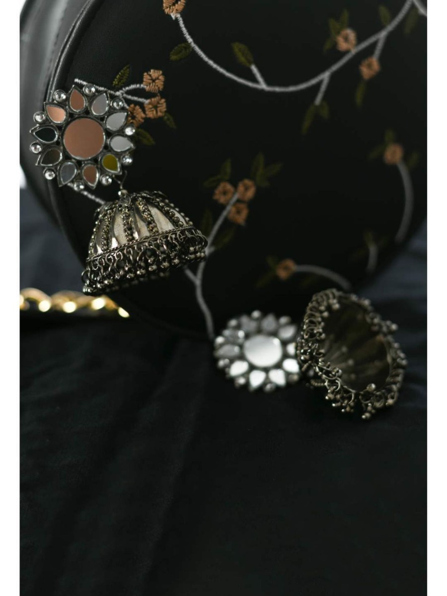 Jewellery Kamal Johar | Johar Kamal Oxidised Silver-Plated With Mirror Earrings Jhumkas Jker_081 Silver Color