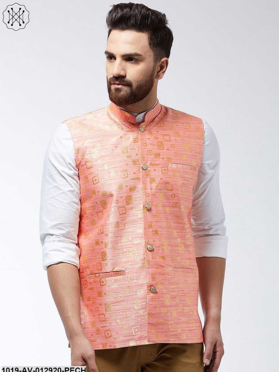 Men Sojanya | Men'S Jacquard Silk Peach Designer Nehru Jacket - Sojanya