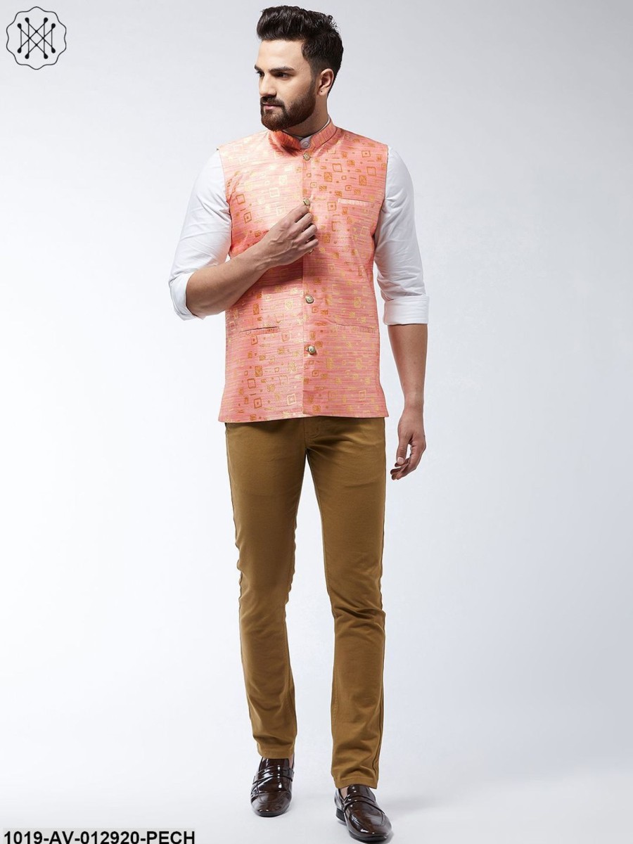 Men Sojanya | Men'S Jacquard Silk Peach Designer Nehru Jacket - Sojanya