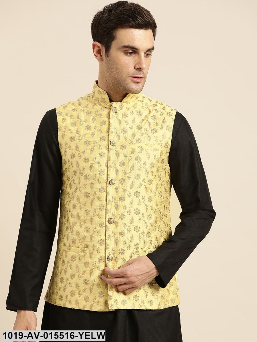 Men Sojanya | Men'S Silk Blend Lemon Yellow U0026 Gold Embroidered Nehru Jacket - Sojanya