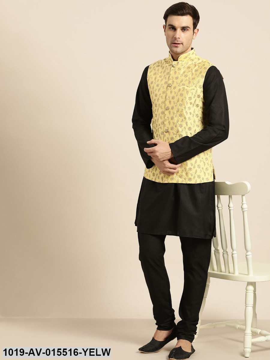 Men Sojanya | Men'S Silk Blend Lemon Yellow U0026 Gold Embroidered Nehru Jacket - Sojanya