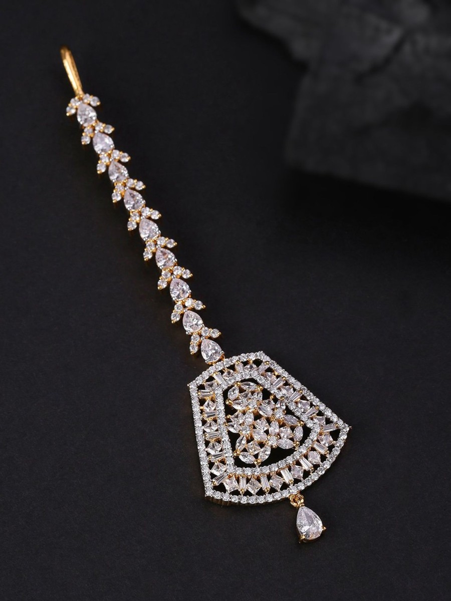 Jewellery Priyaasi | Women'S Gold Plated Floral Pattern Ad Studded Geometric Shape Maang Tikka - Priyaasi