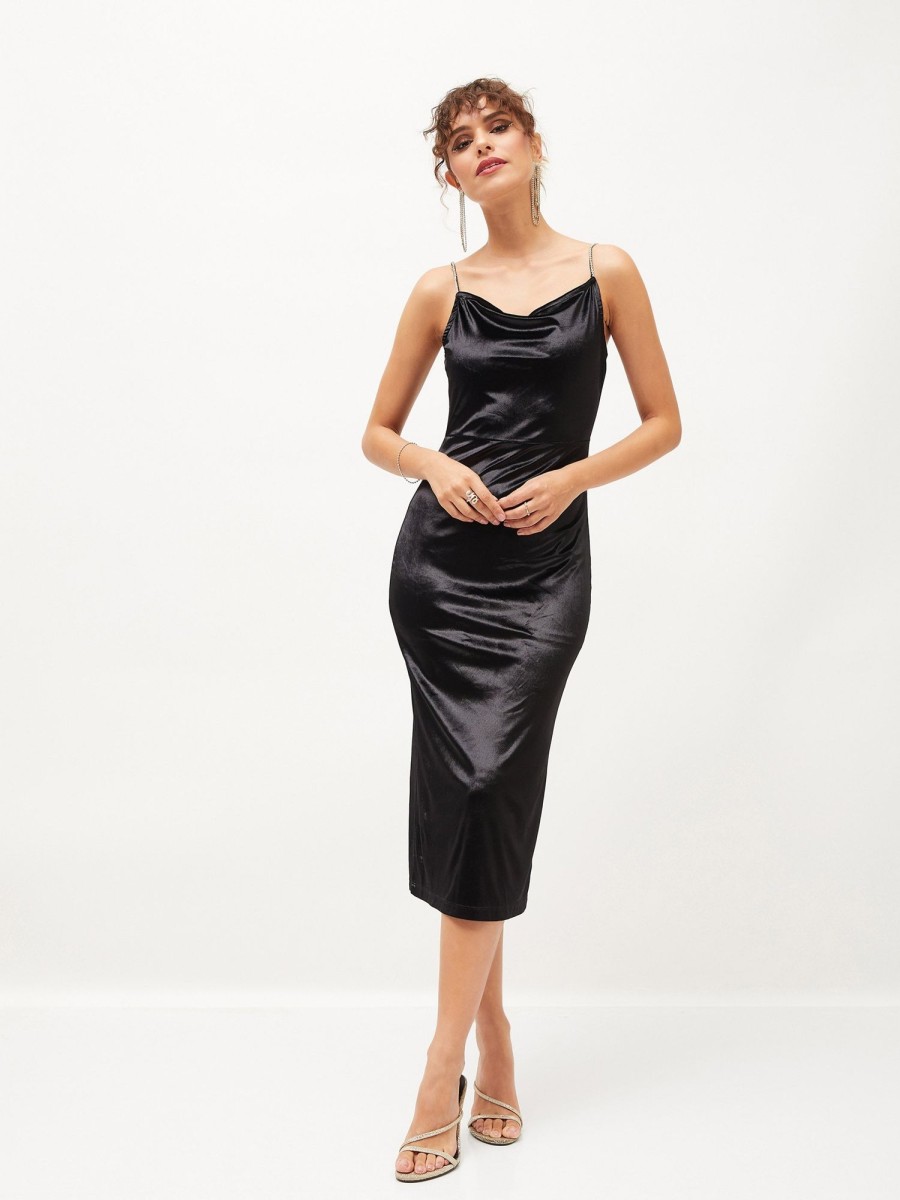 Women Lyush | Women'S Black Velvet Cowl Neck Bodycon Dress - Lyush