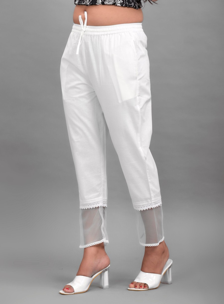 Women Hatheli | Women'S White Cotton Sheer Hem Palazzo - Hatheli