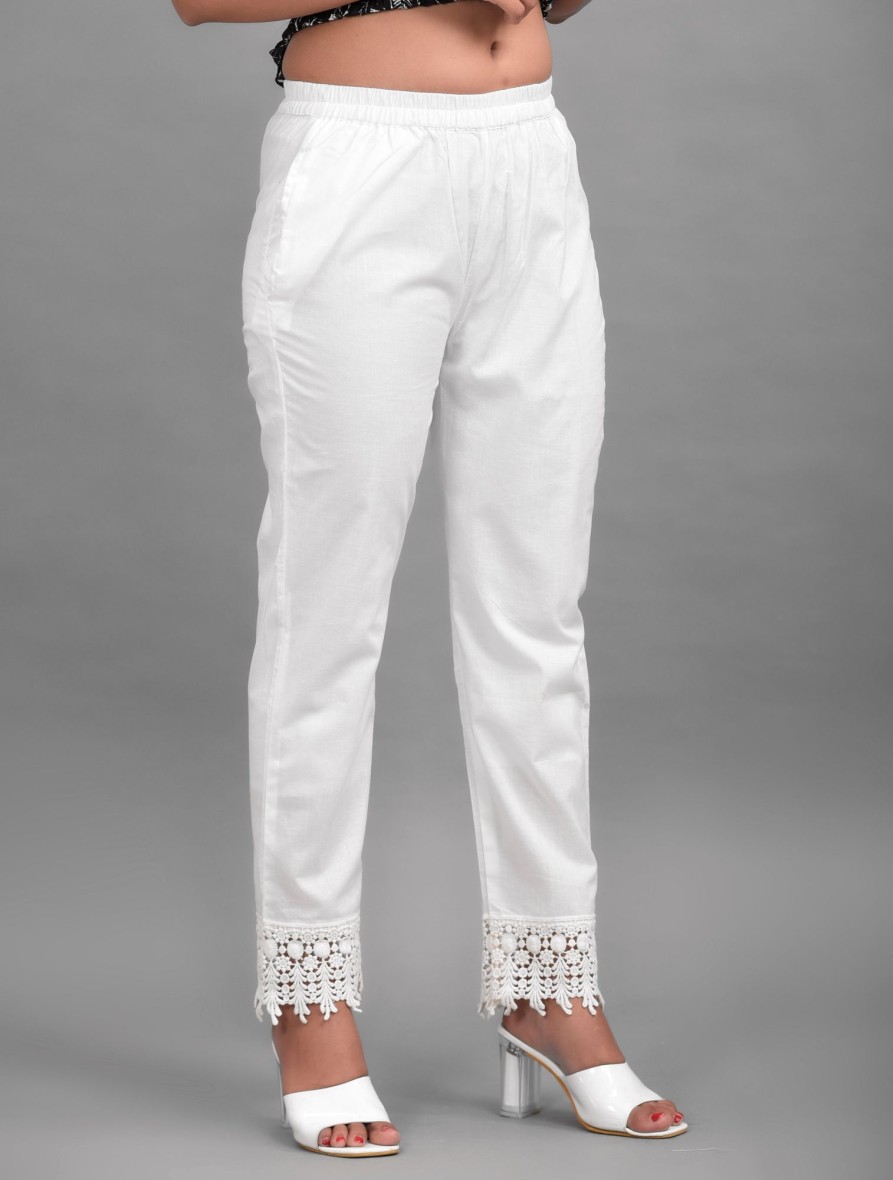 Women Hatheli | Women'S White Cotton Lace Detailed Palazzo - Hatheli