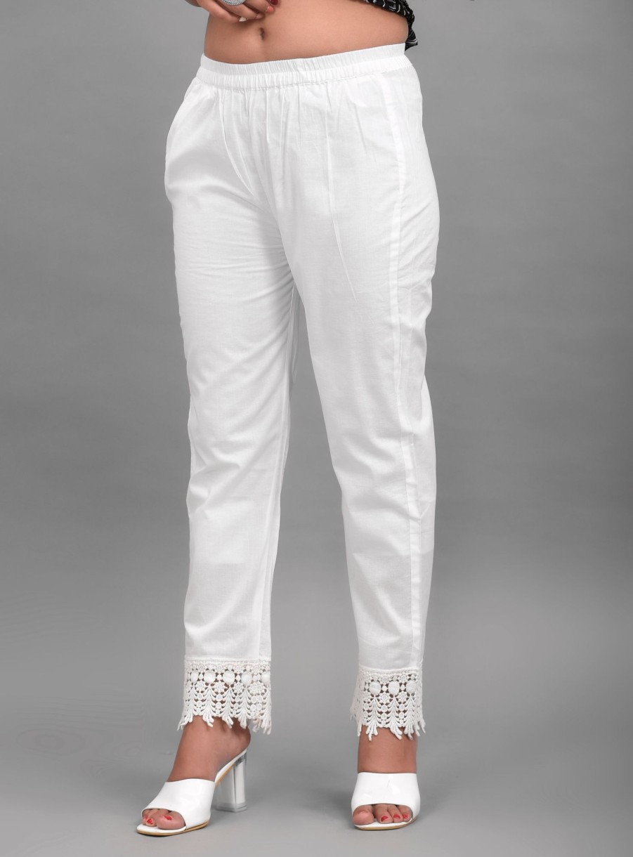 Women Hatheli | Women'S White Cotton Lace Detailed Palazzo - Hatheli