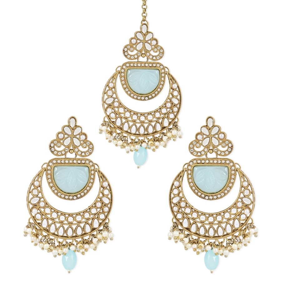 Jewellery I Jewels | Women'S Traditional Pearl Hanging Kundan Stone Studed Chandbali Earring With Maang Tikka - I Jewels Green