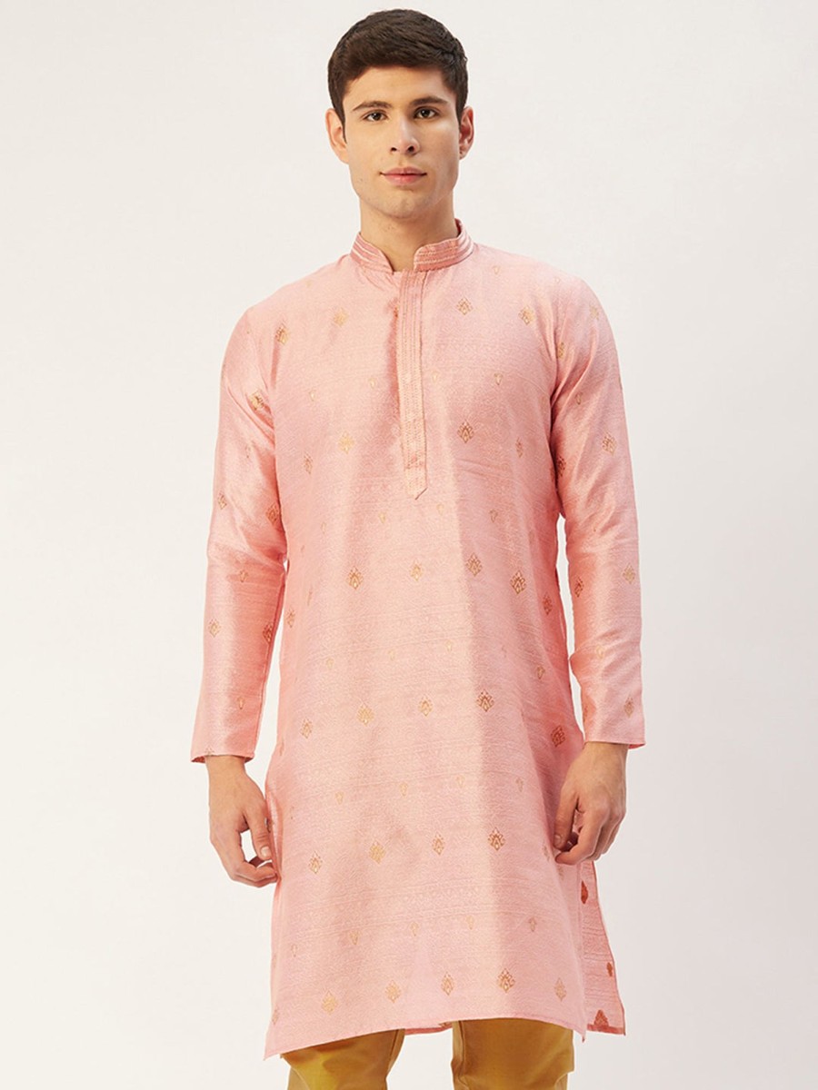 Men Virat Fashions | Men'S Pink Coller Embroidered Woven Design Kurta Only ( Ko 649 Pink ) - Virat Fashions