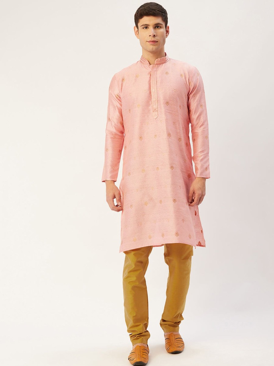 Men Virat Fashions | Men'S Pink Coller Embroidered Woven Design Kurta Only ( Ko 649 Pink ) - Virat Fashions