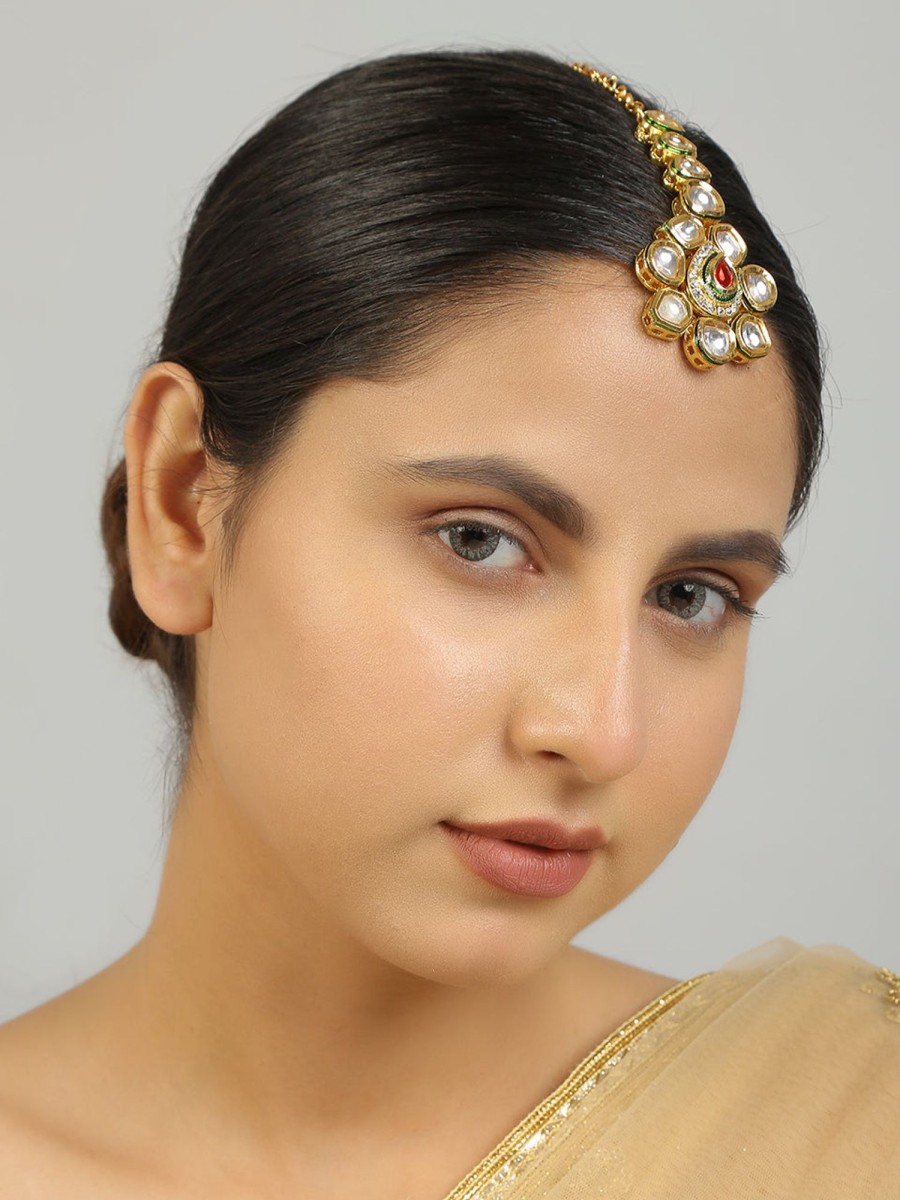 Jewellery Femizen | Women'S Red Gold Tone Kundan Maang Tikka - Femizen Golden