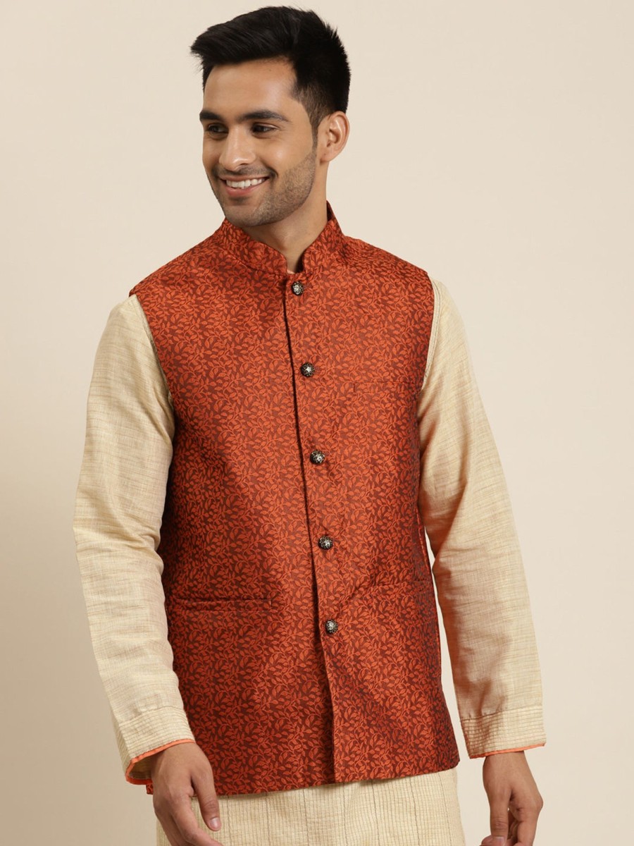 Men Sojanya | Men'S Jacquard Silk Self Design Only Nehrujacket - Sojanya Orange