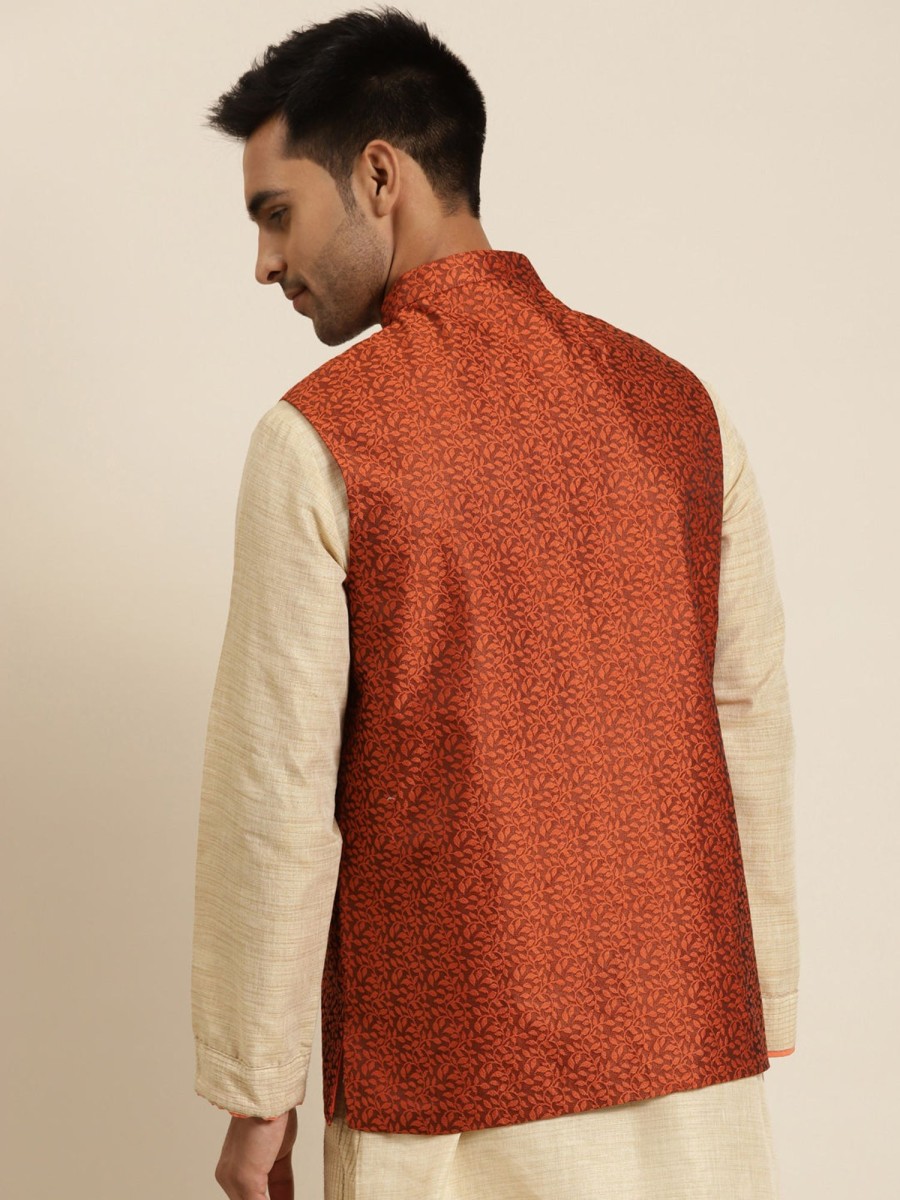 Men Sojanya | Men'S Jacquard Silk Self Design Only Nehrujacket - Sojanya Orange