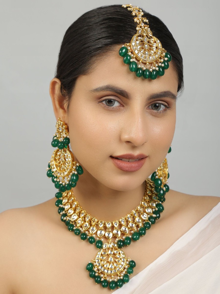 Jewellery Femizen | Women'S Emerald Beaded Kundan Necklace With Earrings U0026 Maang Tikka - Femizen Green