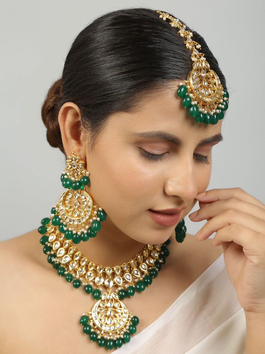 Jewellery Femizen | Women'S Emerald Beaded Kundan Necklace With Earrings U0026 Maang Tikka - Femizen Green