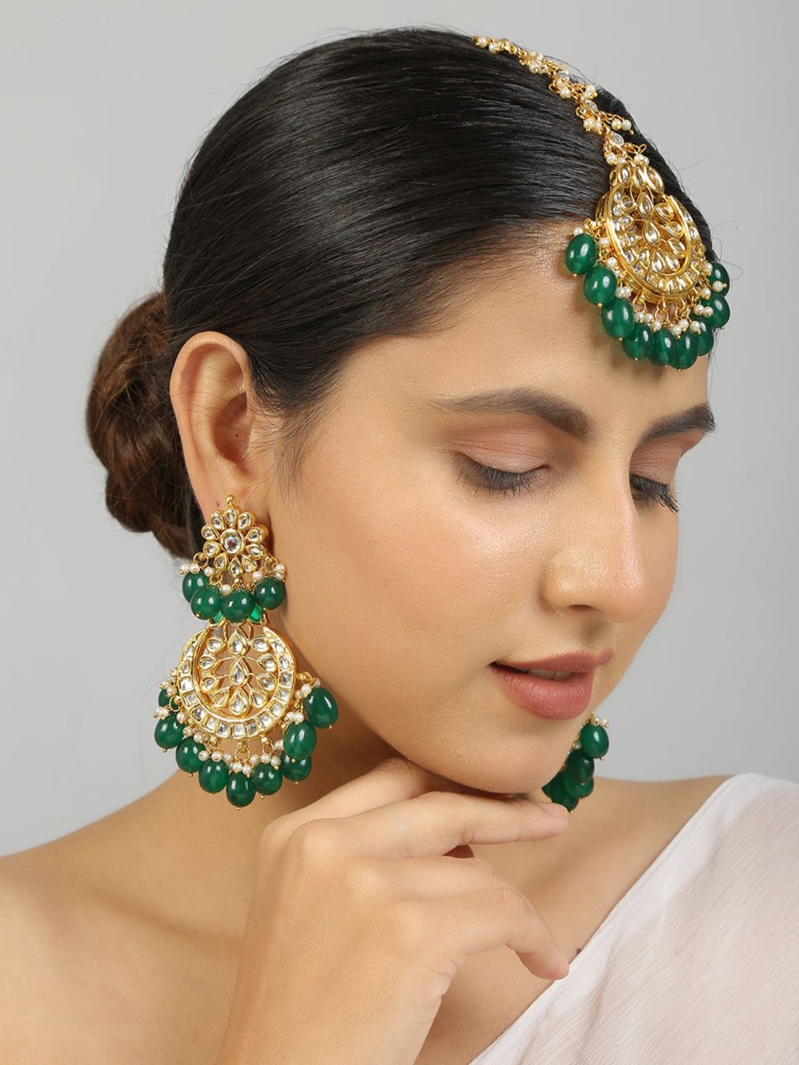 Jewellery Femizen | Women'S Kundan Inspired Emerald Beaded Earrings U0026 Maang Tikka Set - Femizen Green