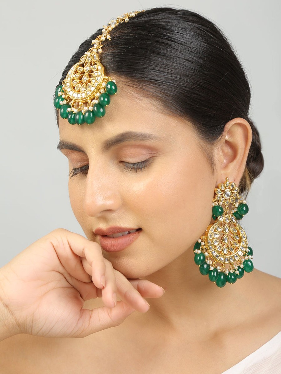 Jewellery Femizen | Women'S Kundan Inspired Emerald Beaded Earrings U0026 Maang Tikka Set - Femizen Green