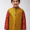 Men Sojanya KID | Kid'S Jacquard Silk Mustard Self Design Only Nehrujacket - Sojanya Kid Mustard & Black