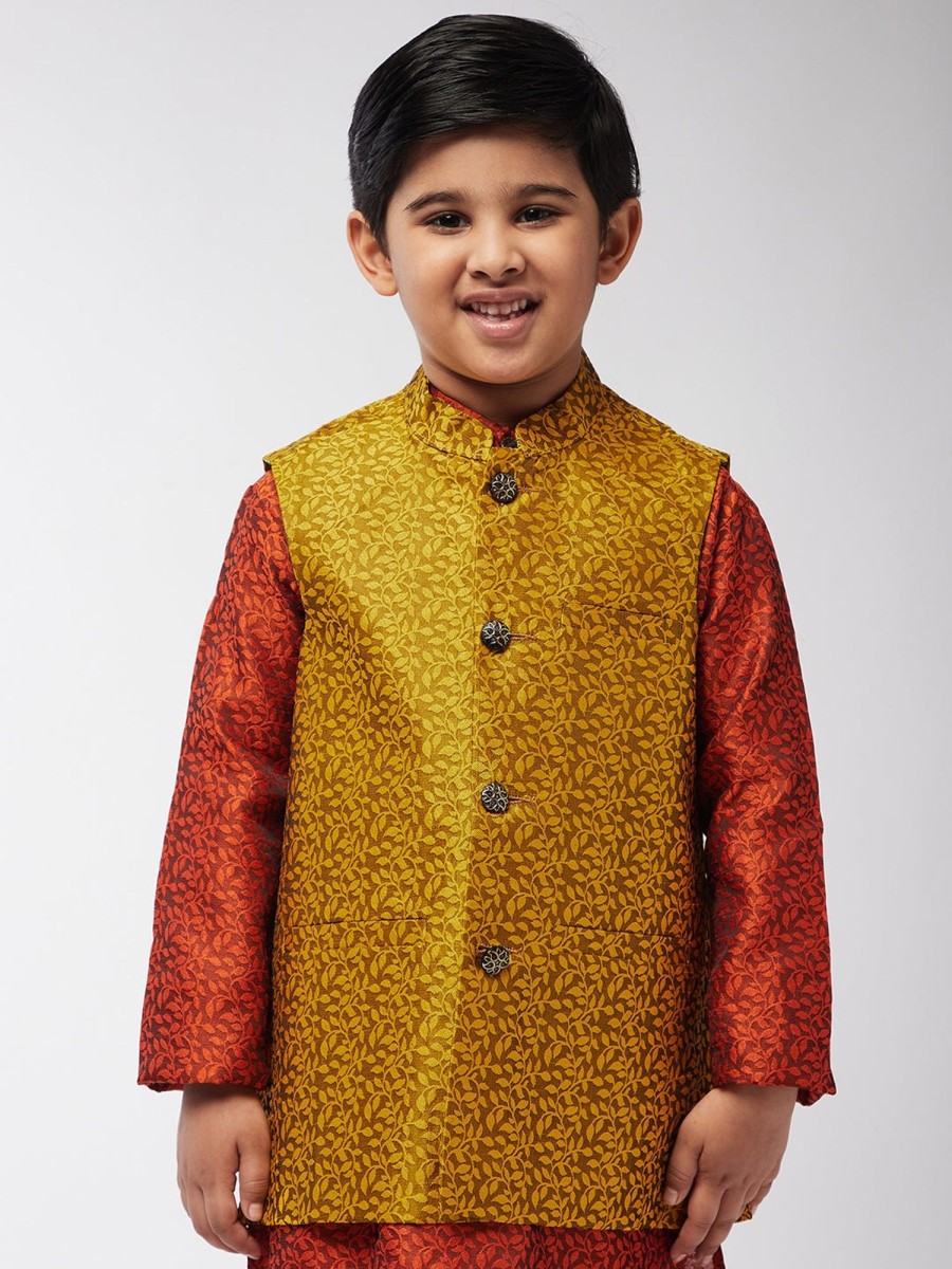 Men Sojanya KID | Kid'S Jacquard Silk Mustard Self Design Only Nehrujacket - Sojanya Kid Mustard & Black