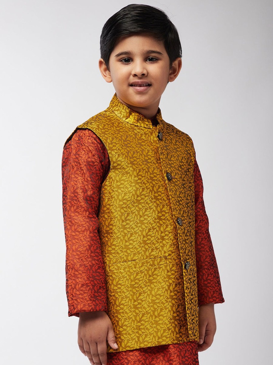 Men Sojanya KID | Kid'S Jacquard Silk Mustard Self Design Only Nehrujacket - Sojanya Kid Mustard & Black