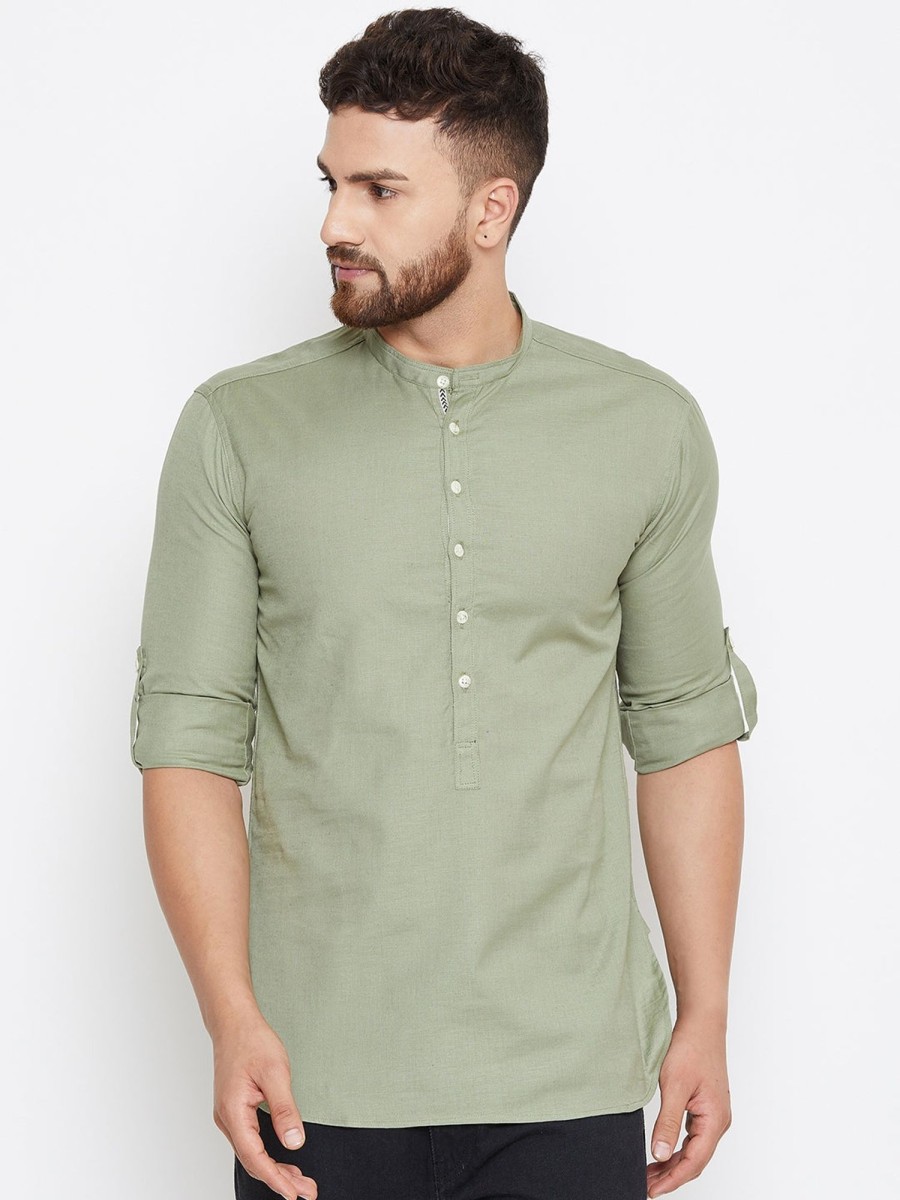 Men Even Apparels | Men'S Pure Cotton Kurta With Band Collar - Even Apparels Green