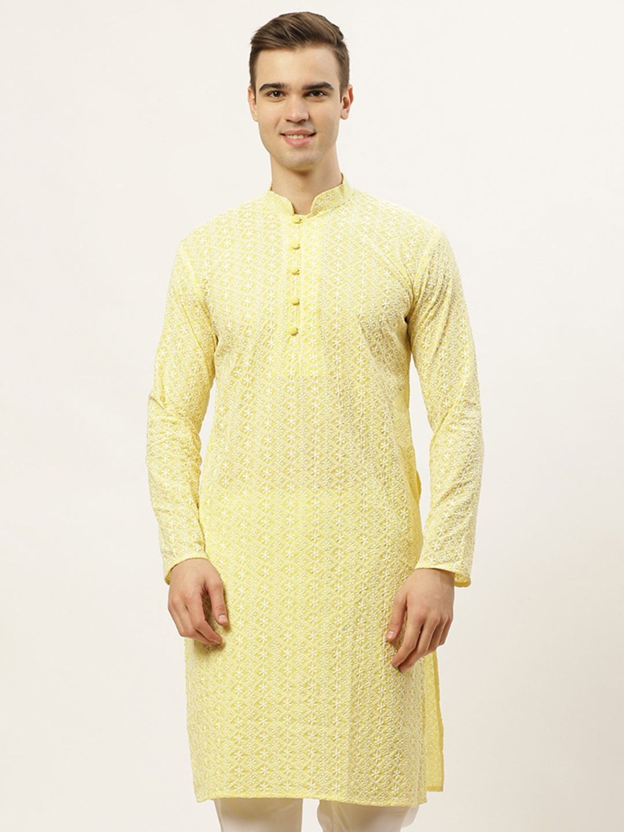 Men Virat Fashions | Men'S Yellow Embroidered Kurta Only ( Ko 626 Yellow ) - Virat Fashions