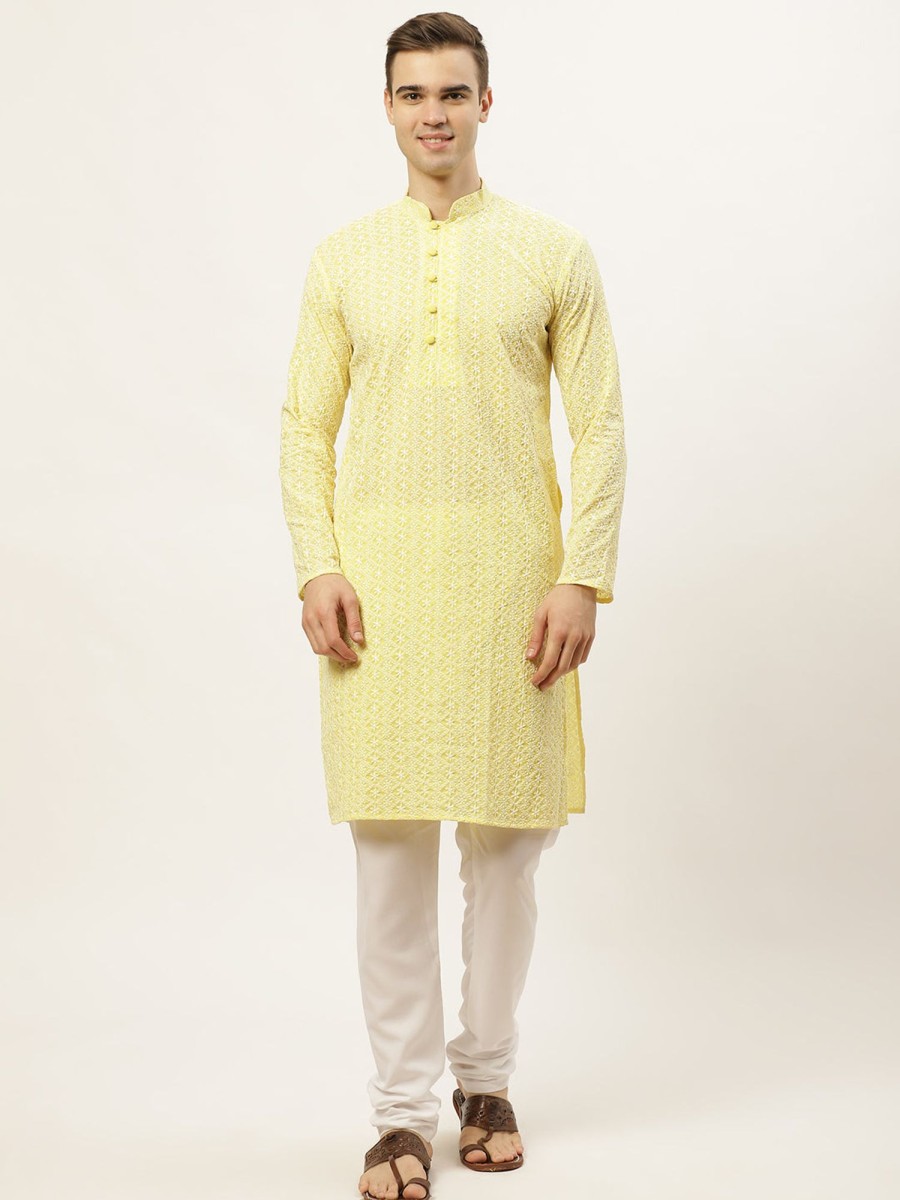 Men Virat Fashions | Men'S Yellow Embroidered Kurta Only ( Ko 626 Yellow ) - Virat Fashions