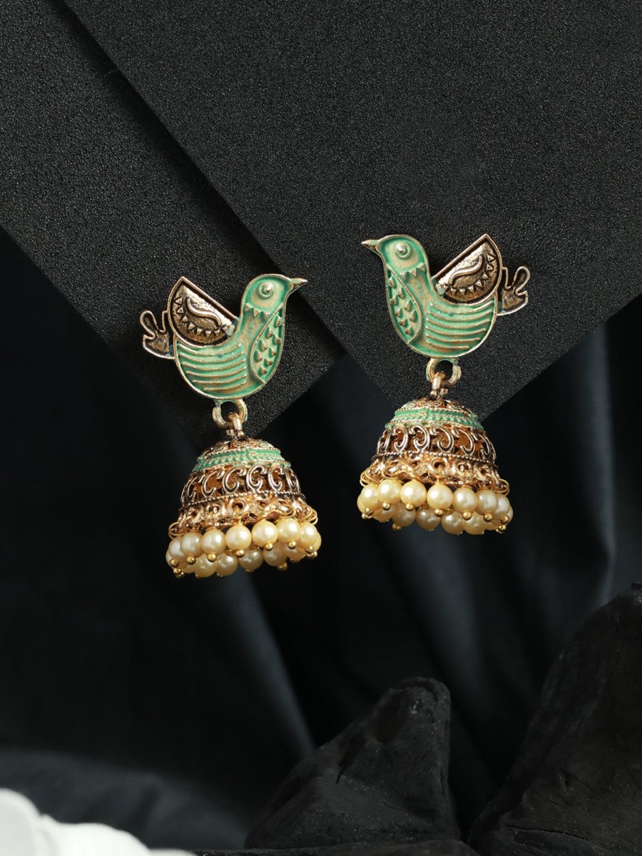 Jewellery Priyaasi | Women'S Green Bird Gold Plated Pearl Jhumka Earrings - Priyaasi