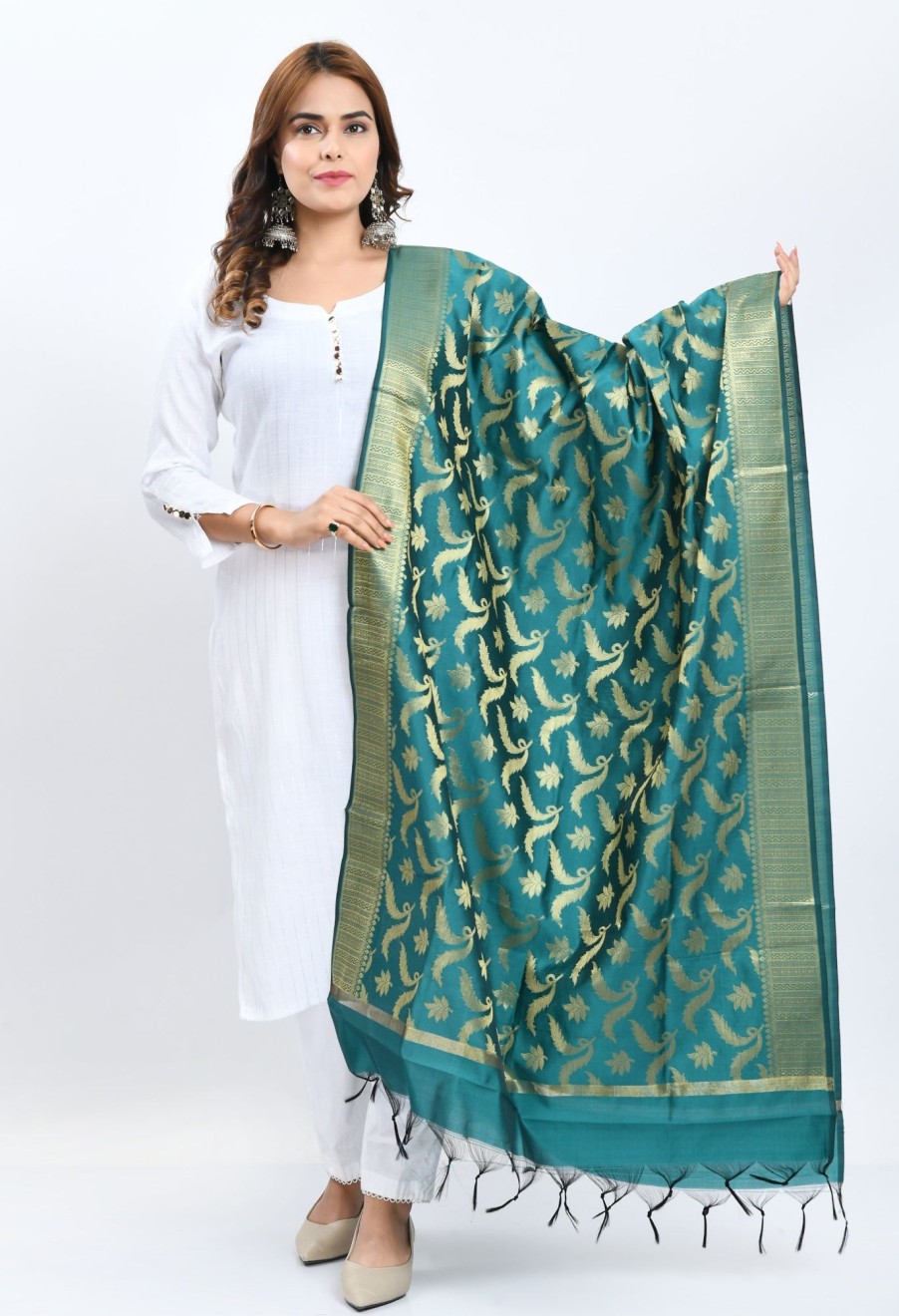 Women Moeza | Women'S Banarsi Silk Floral Woven Design Rama Dupatta - Moeza Green