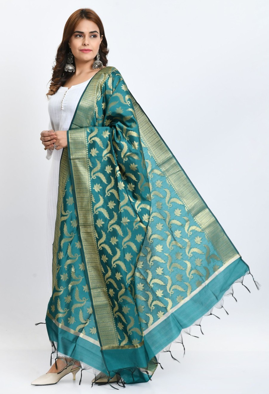 Women Moeza | Women'S Banarsi Silk Floral Woven Design Rama Dupatta - Moeza Green