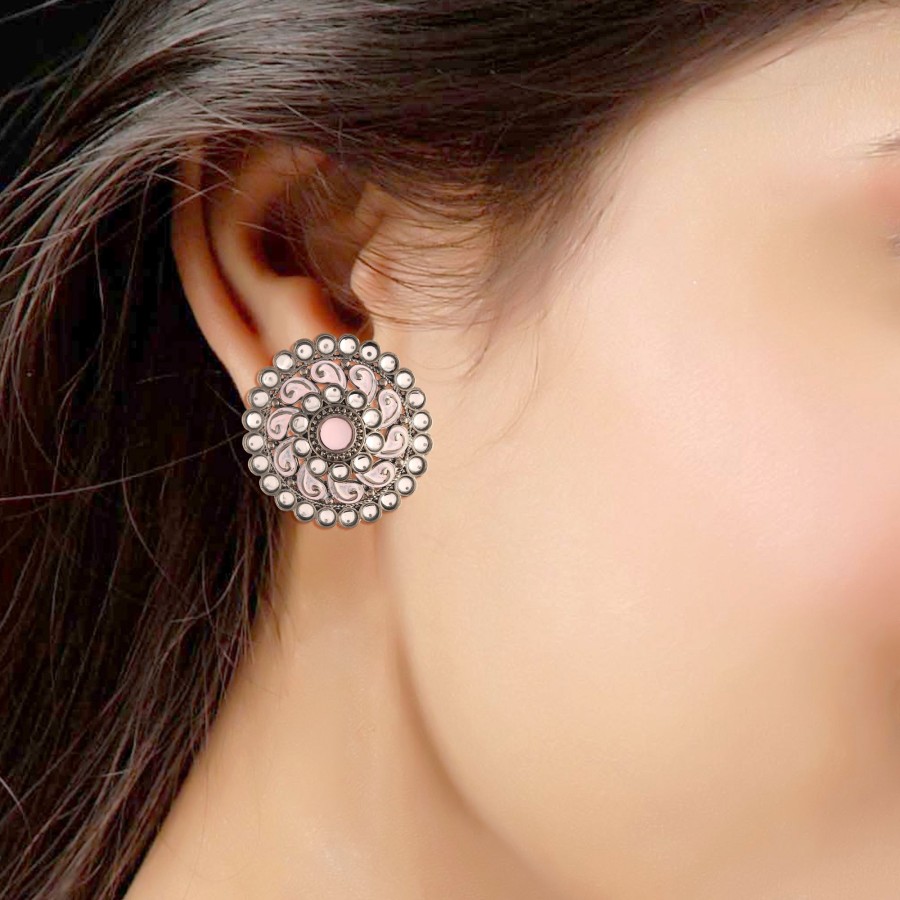 Jewellery I Jewels | Women'S Silver Oxidized Kundan Studded Meena Work Designer Circular Stud Earrings - I Jewels Pink