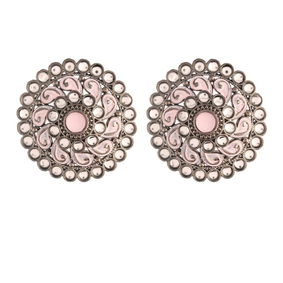 Jewellery I Jewels | Women'S Silver Oxidized Kundan Studded Meena Work Designer Circular Stud Earrings - I Jewels Pink