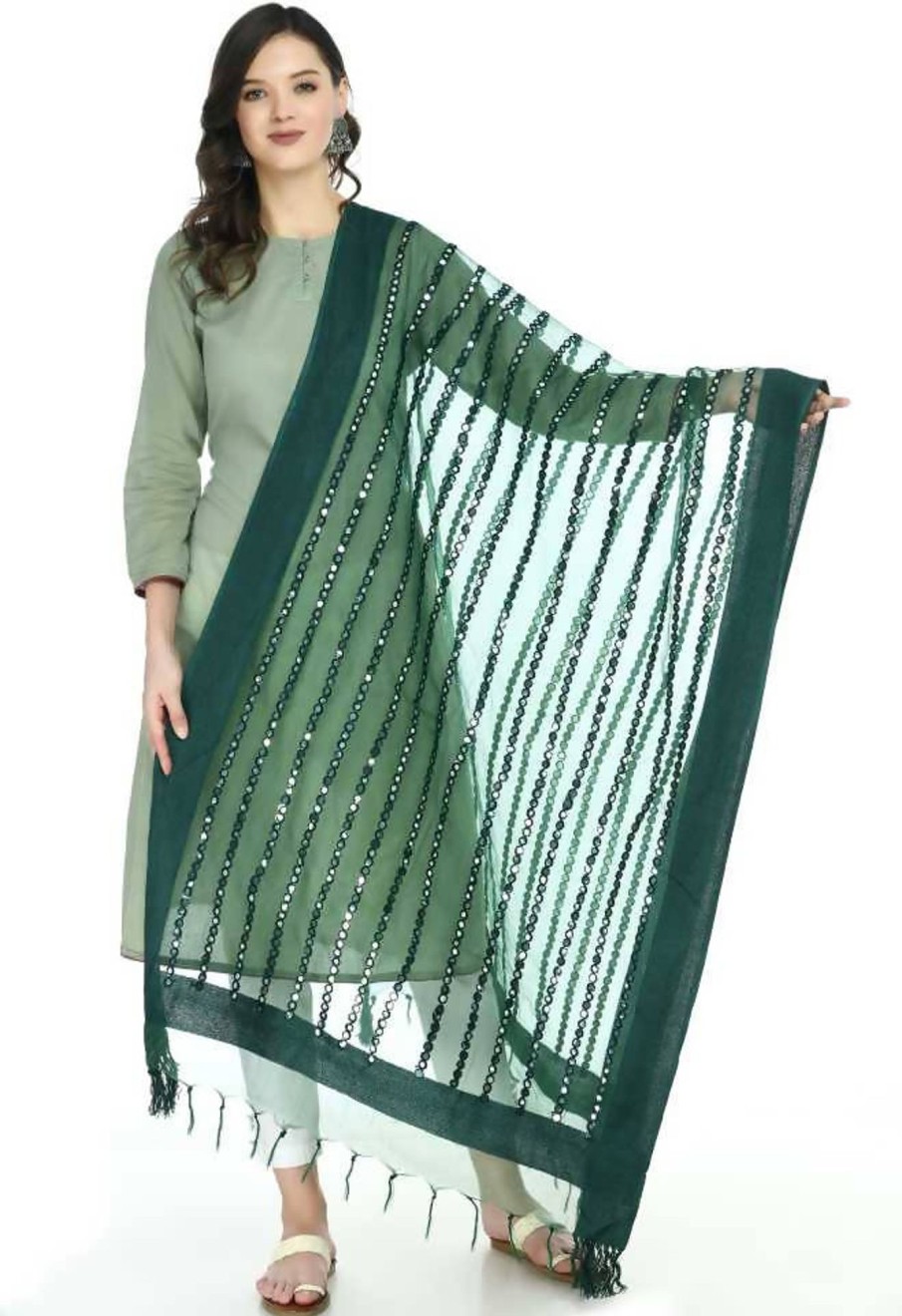 Women Moeza | Women'S Orgenza Cotton Mirror Stripe Dupatta Mfd0042 - Moeza Bottle Green