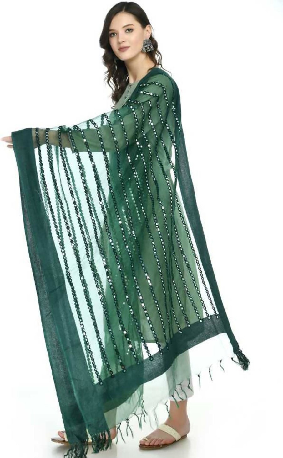 Women Moeza | Women'S Orgenza Cotton Mirror Stripe Dupatta Mfd0042 - Moeza Bottle Green