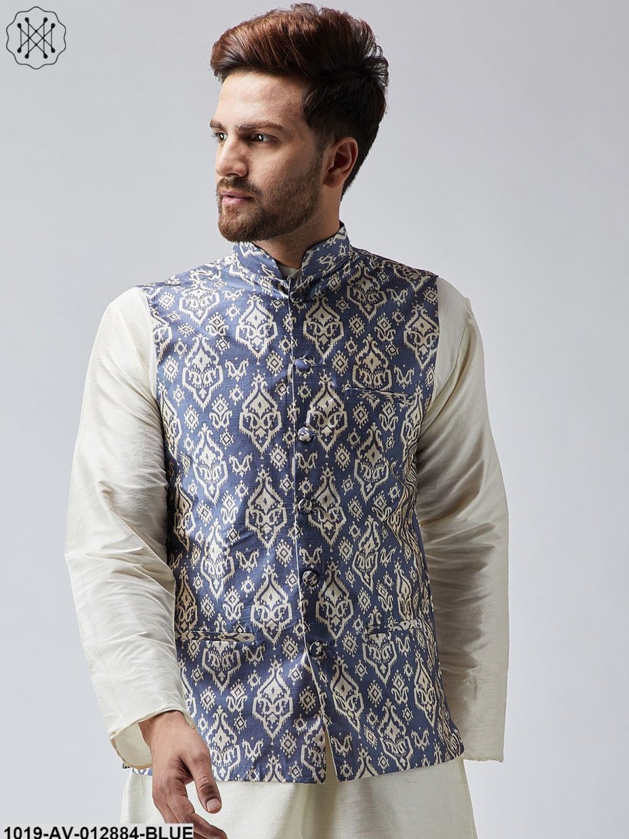 Men Sojanya | Men'S Blue Printed Nehru Jacket - Sojanya