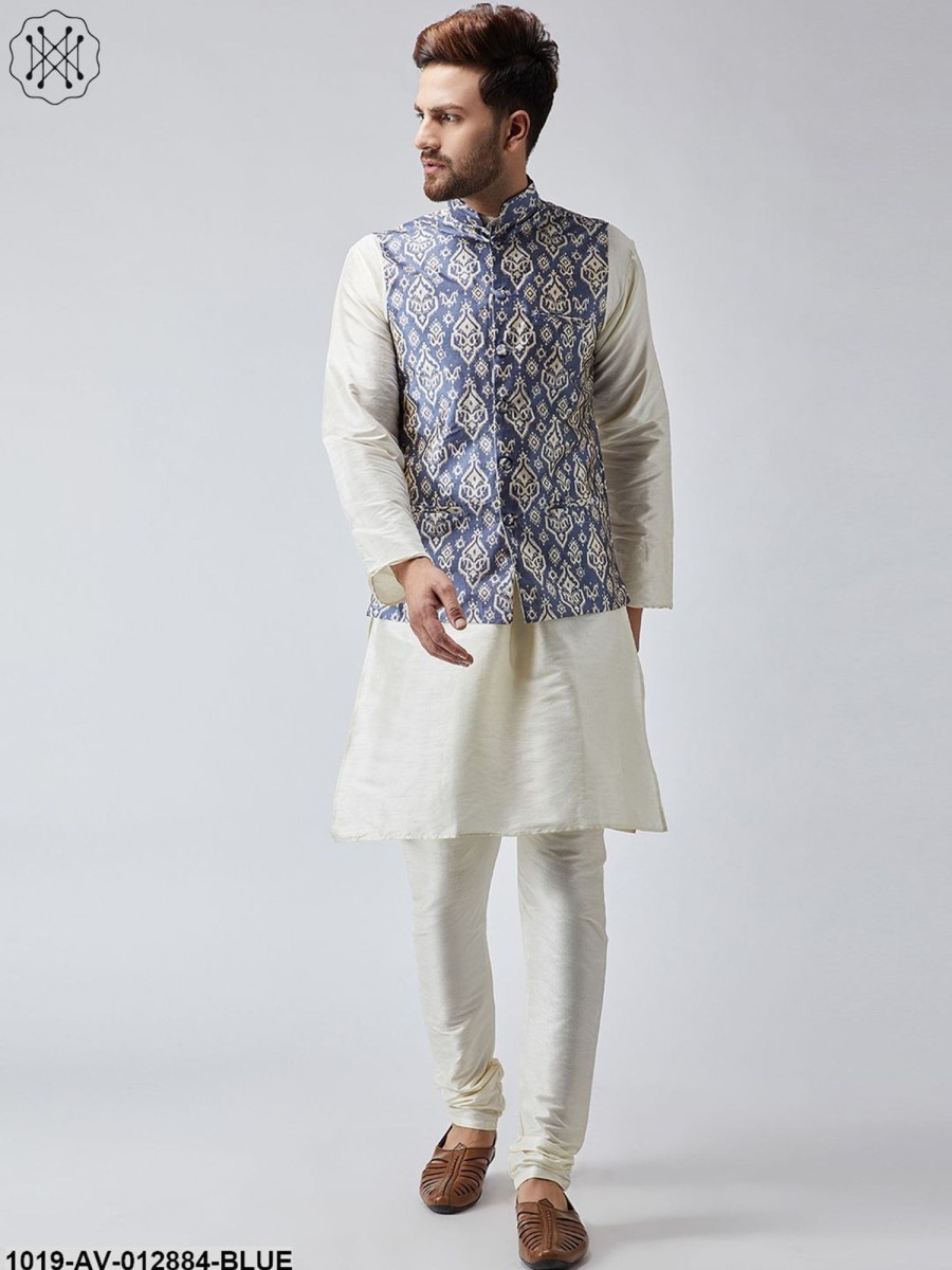 Men Sojanya | Men'S Blue Printed Nehru Jacket - Sojanya