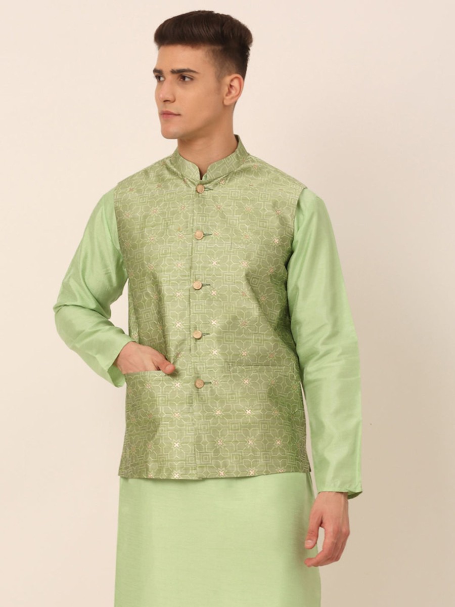 Men Virat Fashions | Men'S Beige U0026 Golden Woven Design Nehru Jackets ( Jowc 4045 Pista ) - Virat Fashions