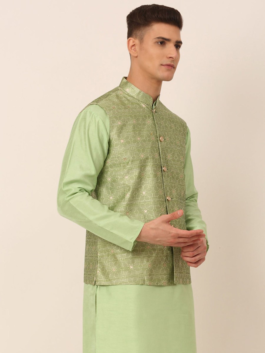 Men Virat Fashions | Men'S Beige U0026 Golden Woven Design Nehru Jackets ( Jowc 4045 Pista ) - Virat Fashions