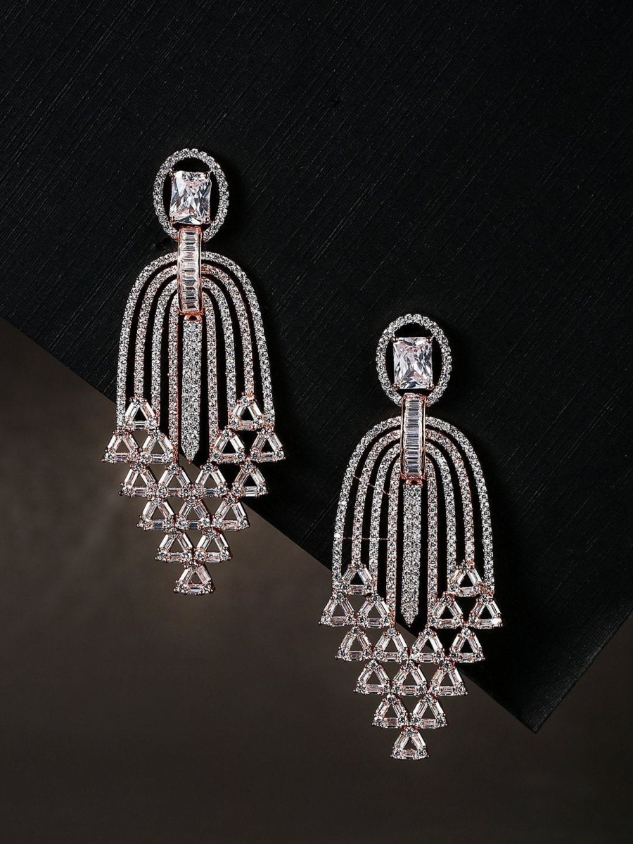 Jewellery Priyaasi | Women'S Rose Gold-Plated American Diamond Studded Waterfall Drop Earrings - Priyaasi