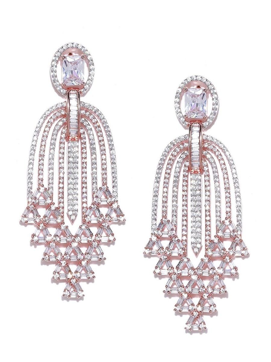 Jewellery Priyaasi | Women'S Rose Gold-Plated American Diamond Studded Waterfall Drop Earrings - Priyaasi