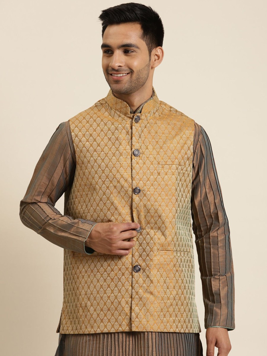 Men Sojanya | Men'S Jacquard Silk Self Design Only Nehrujacket - Sojanya Mustard