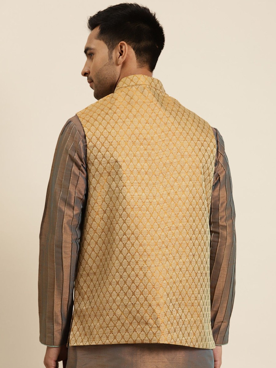 Men Sojanya | Men'S Jacquard Silk Self Design Only Nehrujacket - Sojanya Mustard