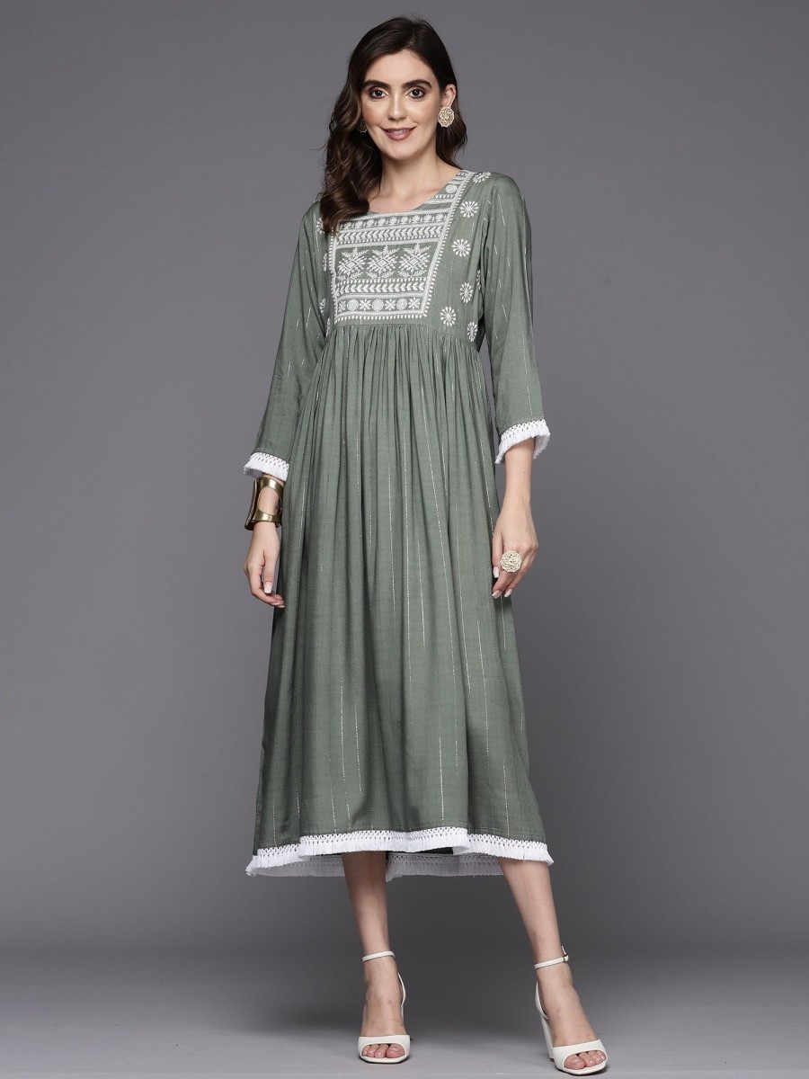 Women Indo Era | Women'S Grey Embroidered A-Line Ethnic Dress - Indo Era Green