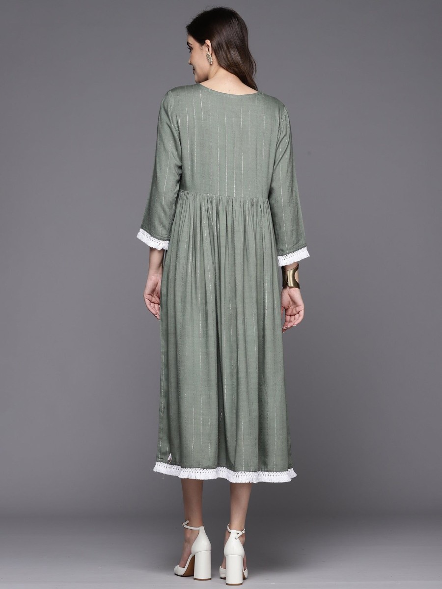 Women Indo Era | Women'S Grey Embroidered A-Line Ethnic Dress - Indo Era Green