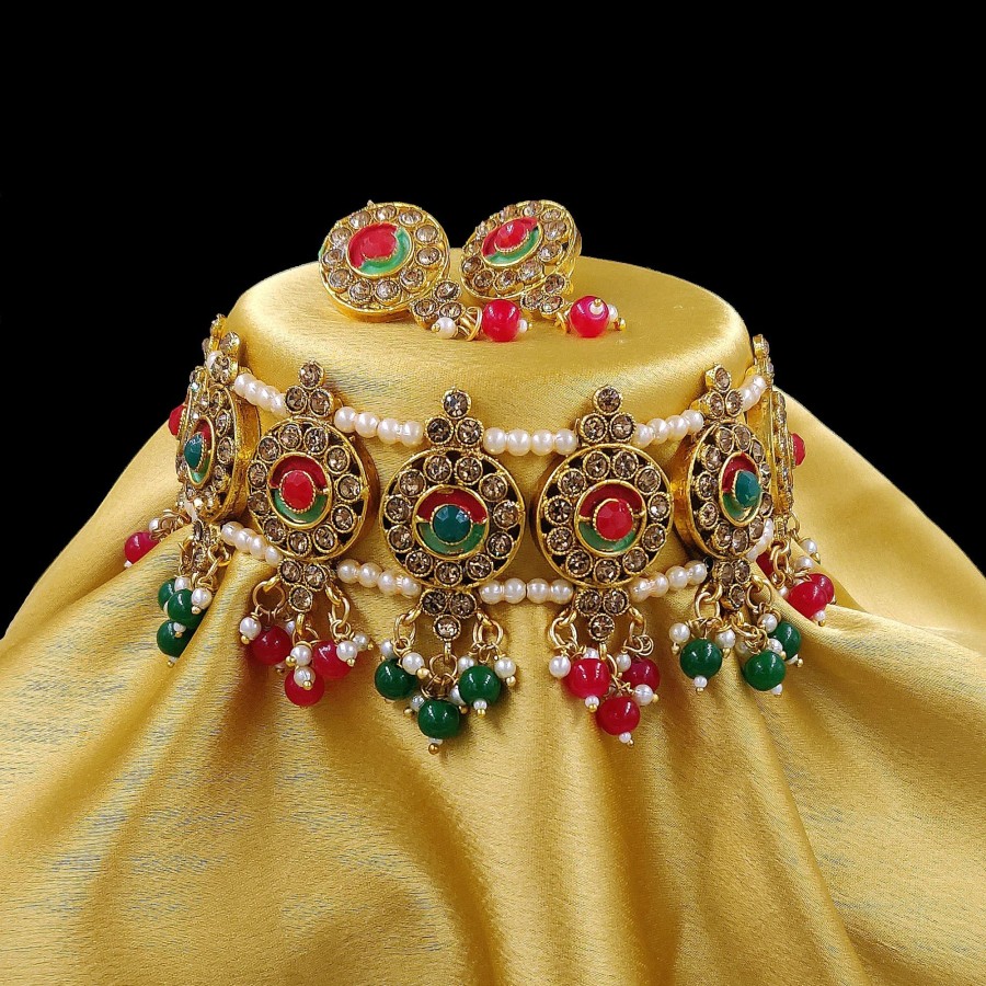 Jewellery Zaffre Collections | Women'S Trendy Multicolor Choker Set With Maang Tikka - Zaffre Collections Multi Color