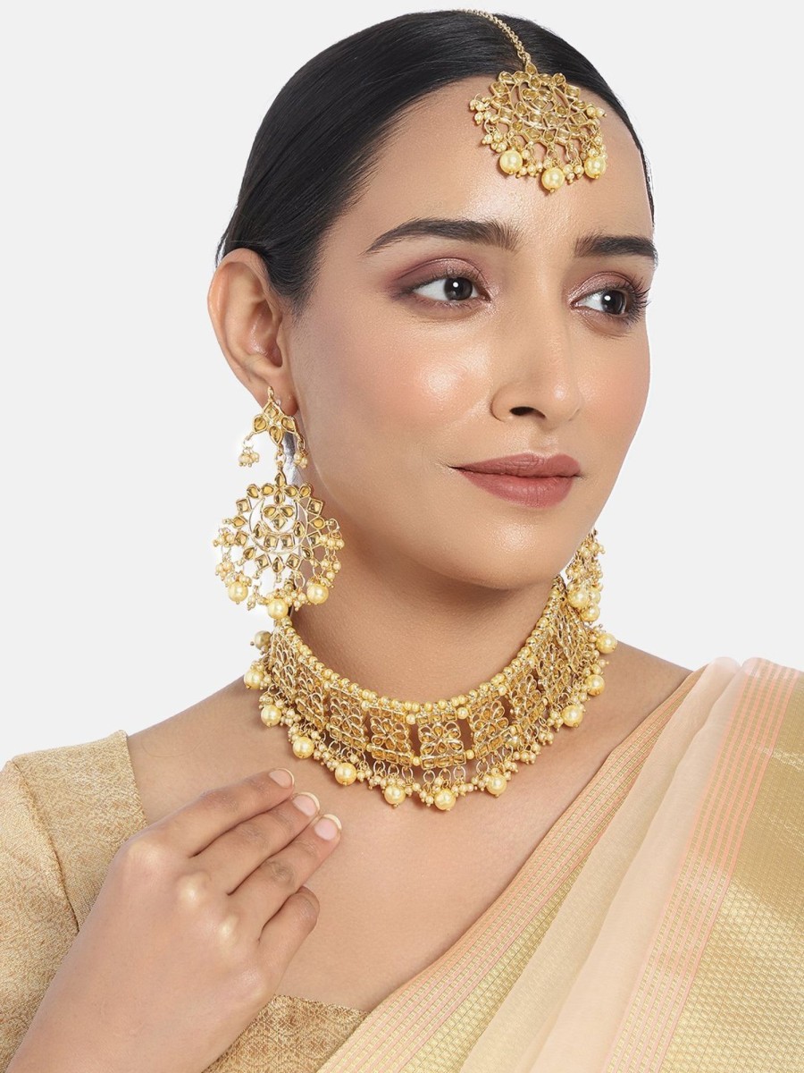 Jewellery I Jewels | Women'S Plated Kundan U0026 Pearl Studded Choker Necklace Set With Earrings U0026 Maang Tikka - I Jewels Gold