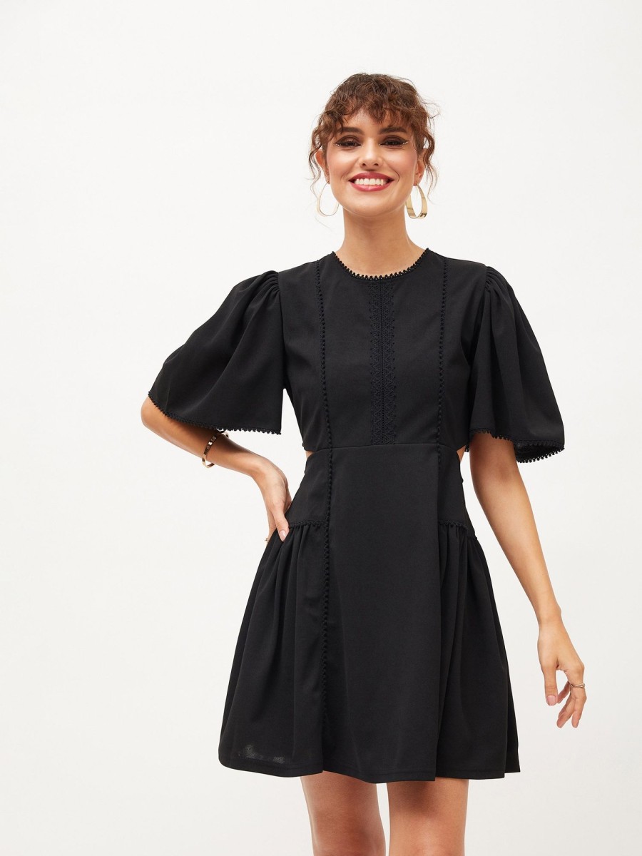 Women Lyush | Women'S Black Side Cut Out Skater Dress - Lyush